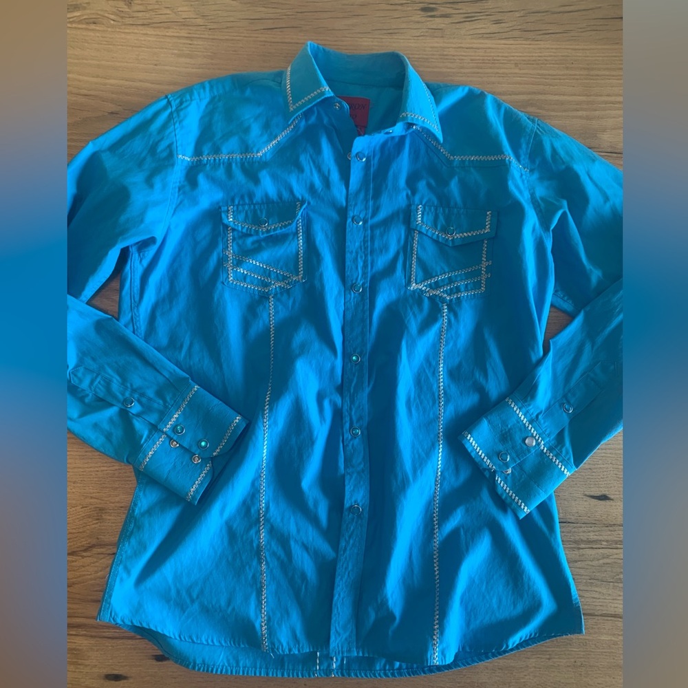 Patron Cito Western Button‎ Down Shirt Blue Silver Men’s Large Preowned